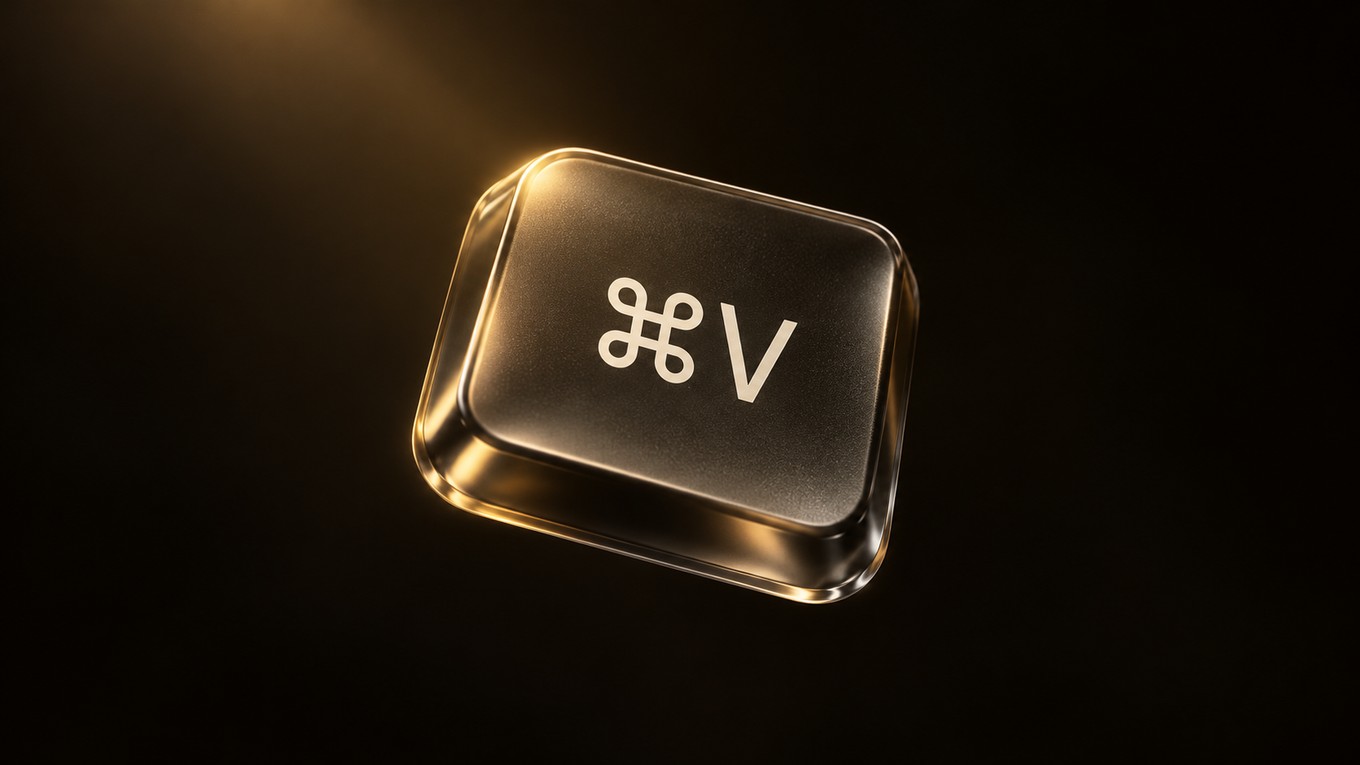A glass keyboard key marked ⌘V, the paste shortcut, tilted and lit by a warm golden glow on a dark background.